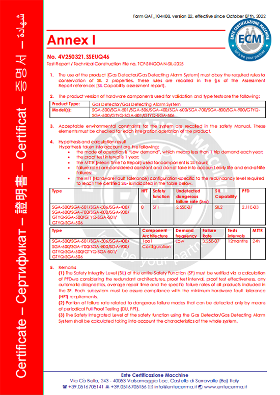 氣體檢測(cè)儀SIL證書